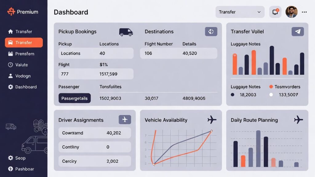Dashboard UI showing transportation metrics cards: pickups, destinations, passenger details, and routes with charts on a light gray panel layout on the right side a transfer volume panel; a dark left navigation rail with icons.