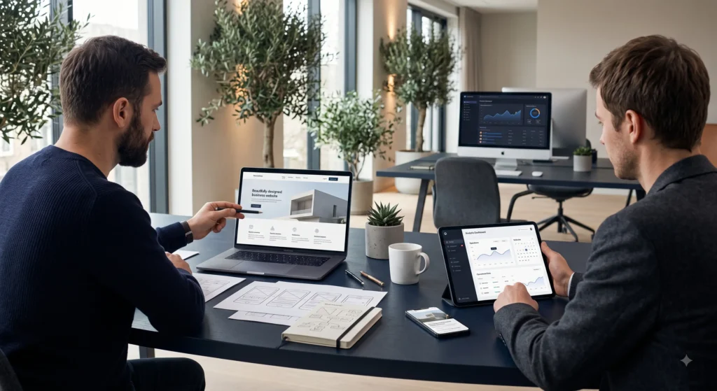 Two men collaborate at a modern office desk, using a laptop and tablets that display dashboards and a website mockup with charts and data.