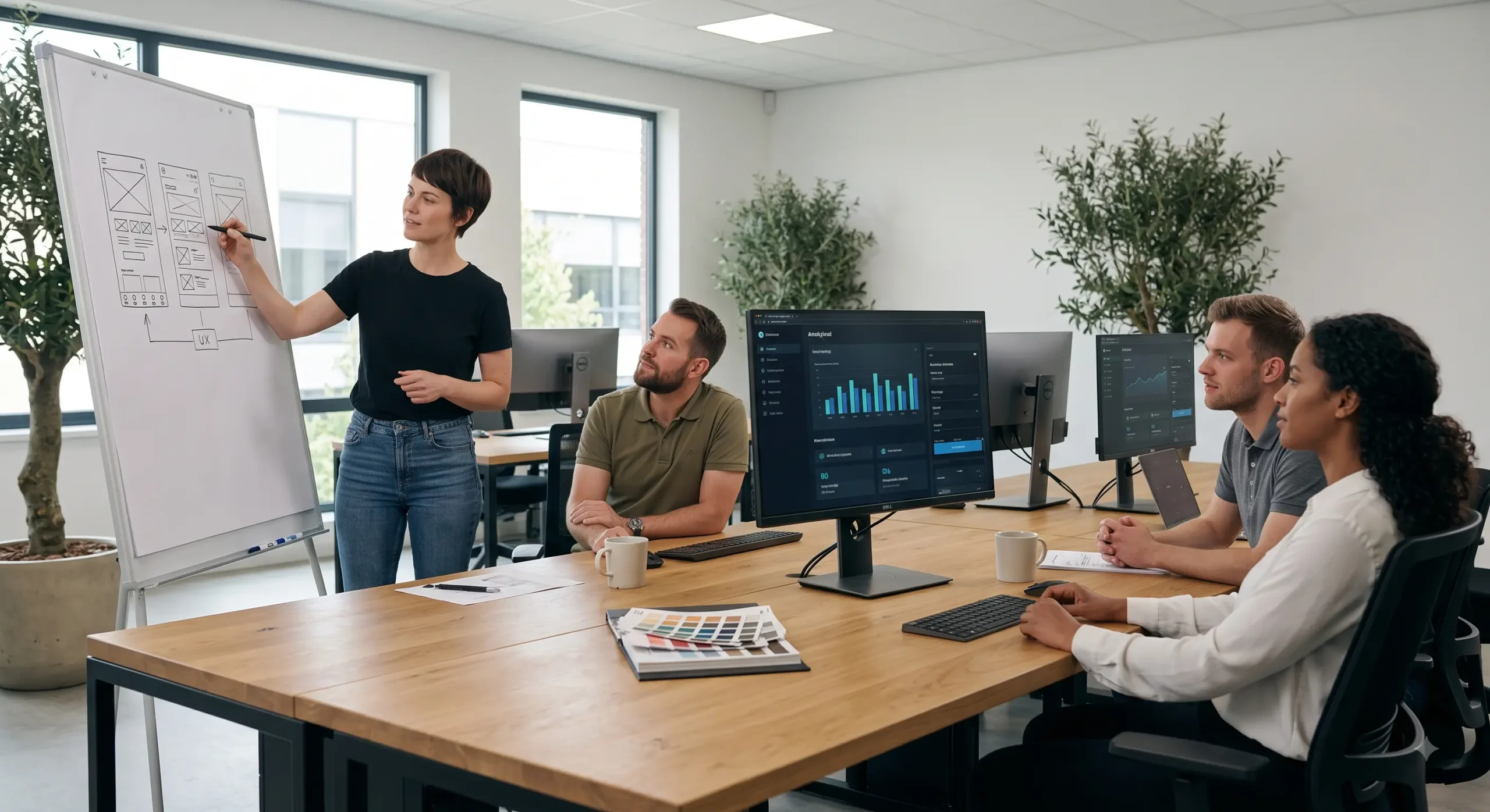 Team of four in a bright office watching a woman present wireframe sketches on a whiteboard during a meeting or training session.